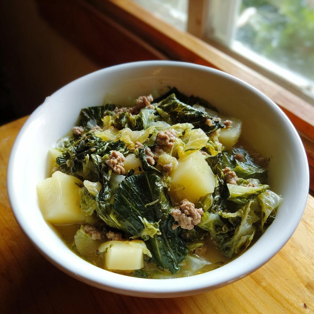 Eine Schüssel Wirsingeintopf mit Kartoffeln und Hackfleisch, serviert vor einem hellen Fenster.
