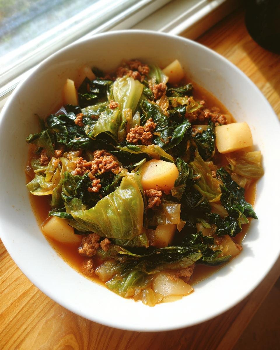 Eine Schüssel mit herzhaftem Wirsingeintopf mit Kartoffeln und Hackfleisch, serviert bei hellem Fensterlicht.