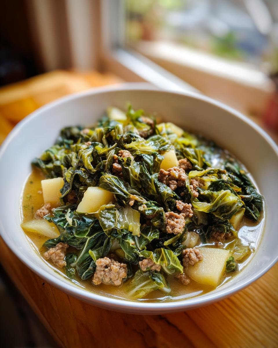 Eine Schüssel mit herzhaftem Wirsingeintopf mit Kartoffeln und Hackfleisch, dampfend auf einem Holztisch.