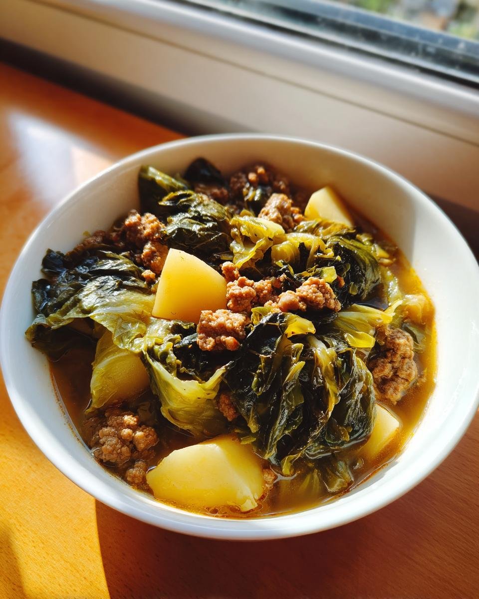 Eine Schüssel Wirsingeintopf mit Kartoffeln und Hackfleisch, beleuchtet durch helles Sonnenlicht.