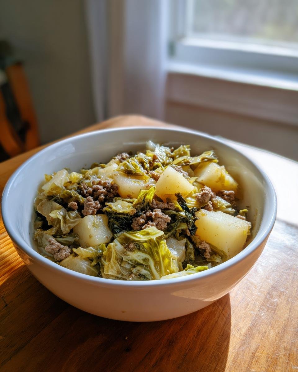 Eine Schüssel mit Wirsingeintopf mit Kartoffeln und Hackfleisch, serviert auf einem Holztisch.