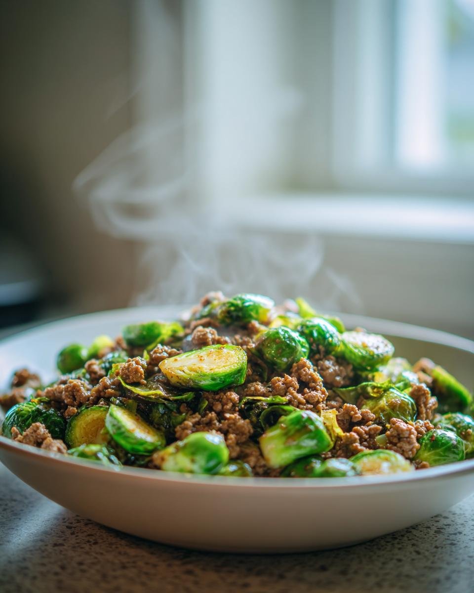 Eine Schüssel mit dampfender Würzige Rosenkohl-Hackfleisch-Pfanne, bestehend aus gebratenem Hackfleisch und halbiertem Rosenkohl.