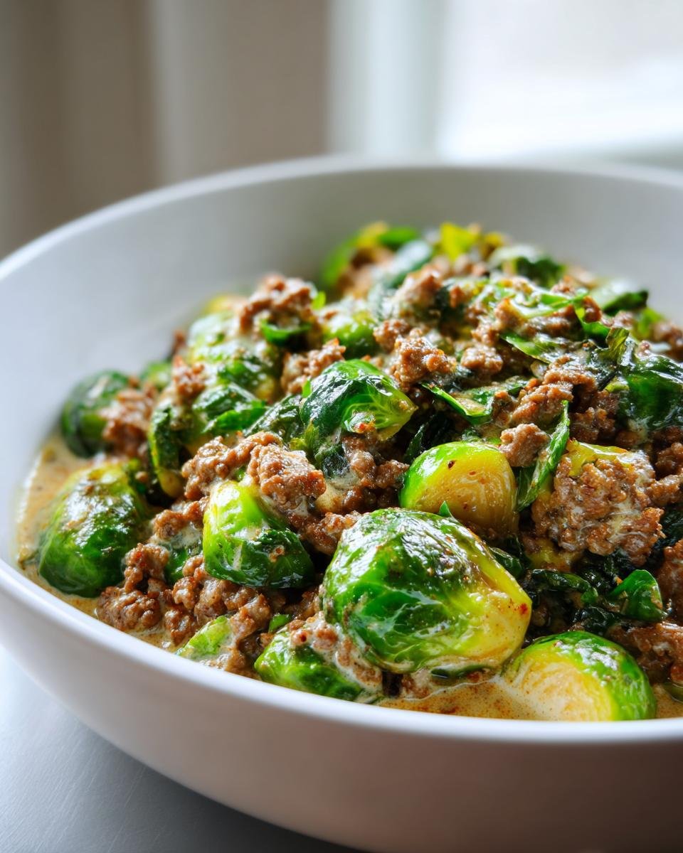 Nahaufnahme einer Würzige Rosenkohl-Hackfleisch-Pfanne mit cremiger Soße in einer weißen Schüssel.