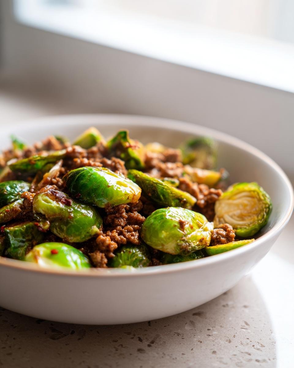 Nahaufnahme der Würzige Rosenkohl-Hackfleisch-Pfanne mit leuchtend grünen Rosenkohlhälften und gewürztem Hackfleisch in einer hellen Schüssel.