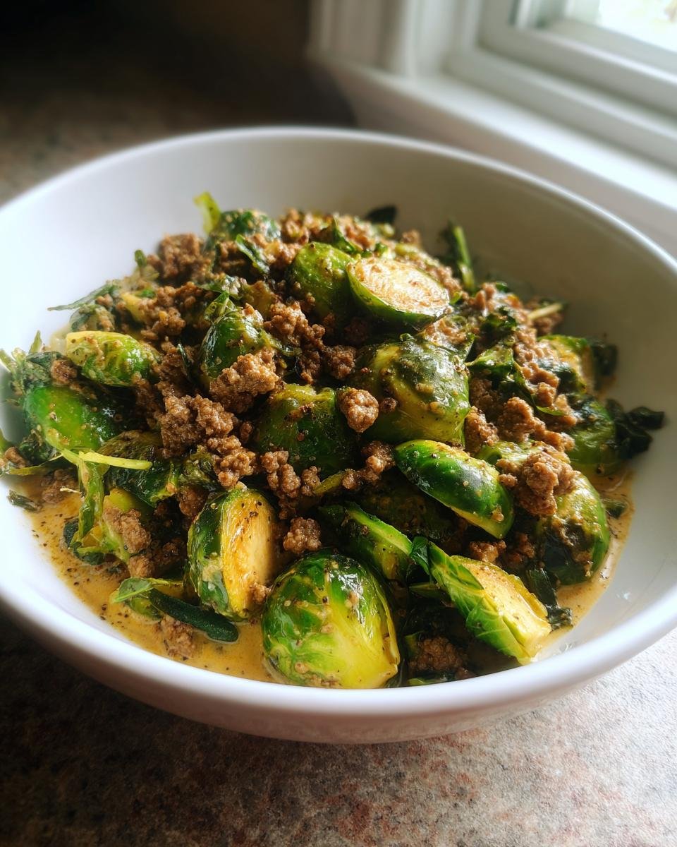 Nahaufnahme einer Würzige Rosenkohl-Hackfleisch-Pfanne mit cremiger Soße in einer weißen Schüssel.