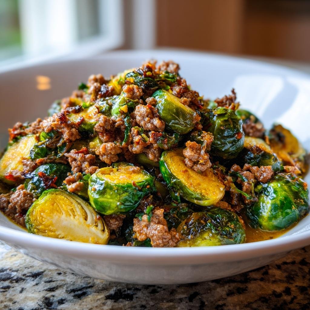 Nahaufnahme einer Würzige Rosenkohl-Hackfleisch-Pfanne mit gebratenem Hackfleisch und halbiertem Rosenkohl.