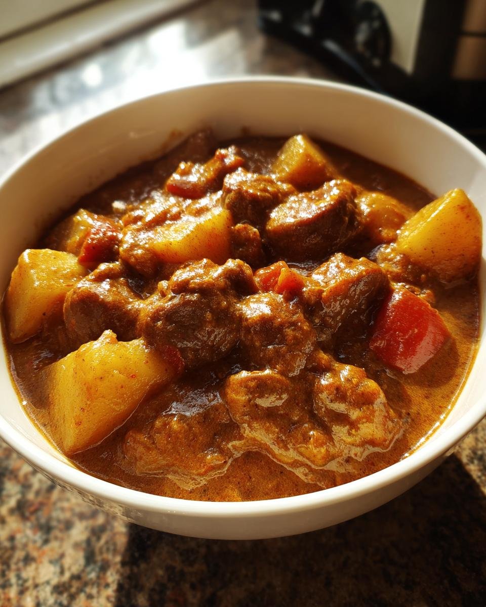 Nahaufnahme von Würziger Kartoffel‑Wurst‑Eintopf mit Kartoffelstücken und Wurst in einer cremigen, braunen Sauce.