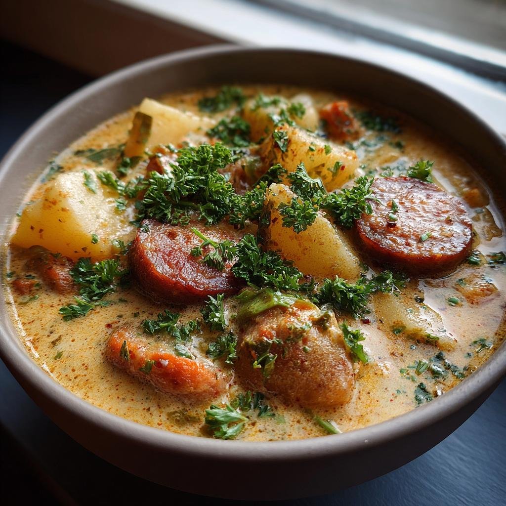 Nahaufnahme eines Würziger Kartoffel‑Wurst‑Eintopf mit Kartoffelstücken, Wurstscheiben und Petersilie.