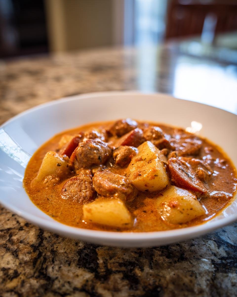 Nahaufnahme eines Würziger Kartoffel‑Wurst‑Eintopf mit Kartoffelstücken und Wurst in cremiger Sauce.