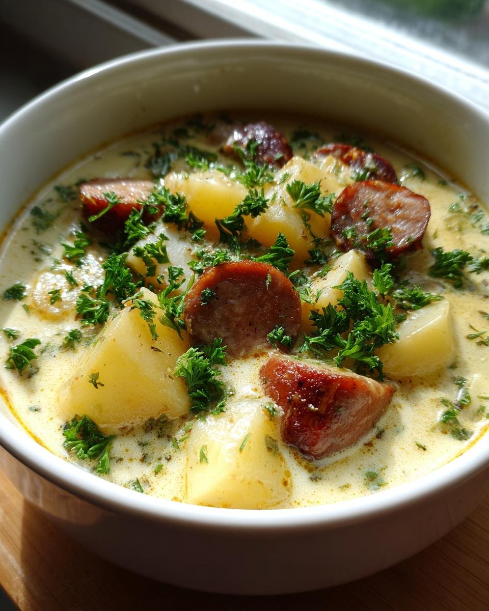 Nahaufnahme von Würziger Kartoffel‑Wurst‑Eintopf mit Kartoffelstücken, Wurstscheiben und Petersilie in einer cremigen Brühe.