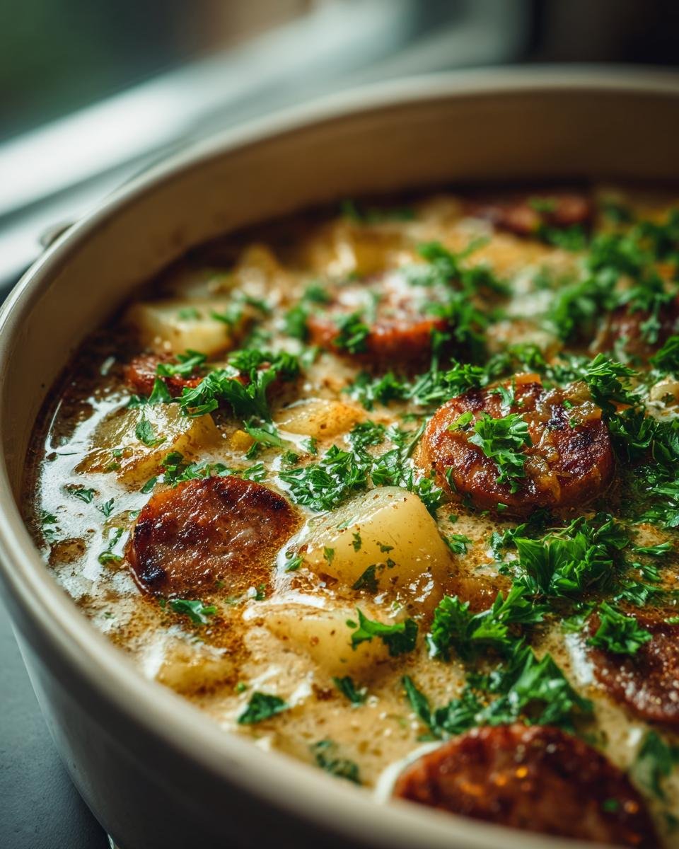 Nahaufnahme eines Würziger Kartoffel‑Wurst‑Eintopf mit Kartoffelstücken, Wurstscheiben und Petersilie.