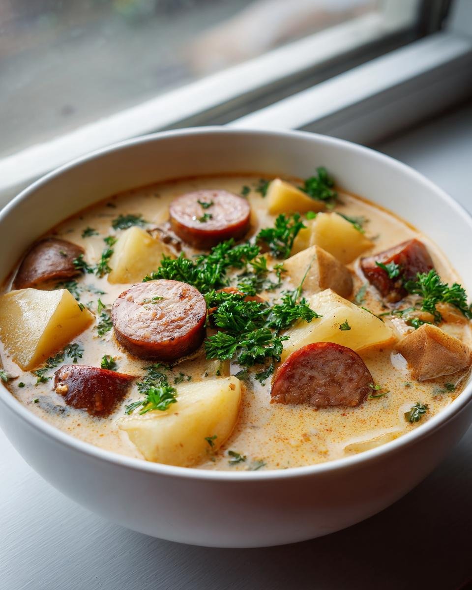 Nahaufnahme eines cremigen Würziger Kartoffel‑Wurst‑Eintopf mit Kartoffelstücken, Wurstscheiben und Petersilie.