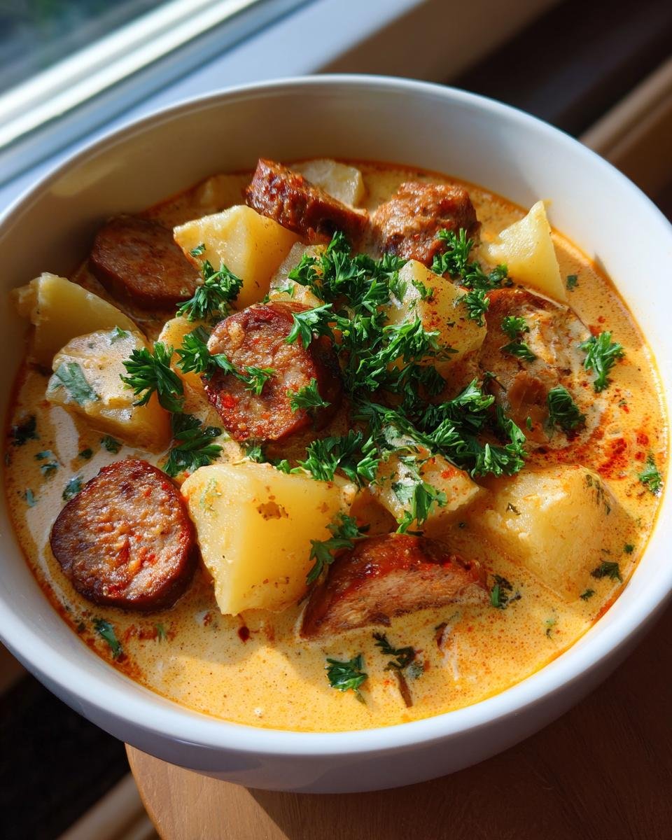 Nahaufnahme des Würziger Kartoffel‑Wurst‑Eintopf mit Kartoffelstücken, Wurstscheiben und Petersilie in einer cremigen Sauce.