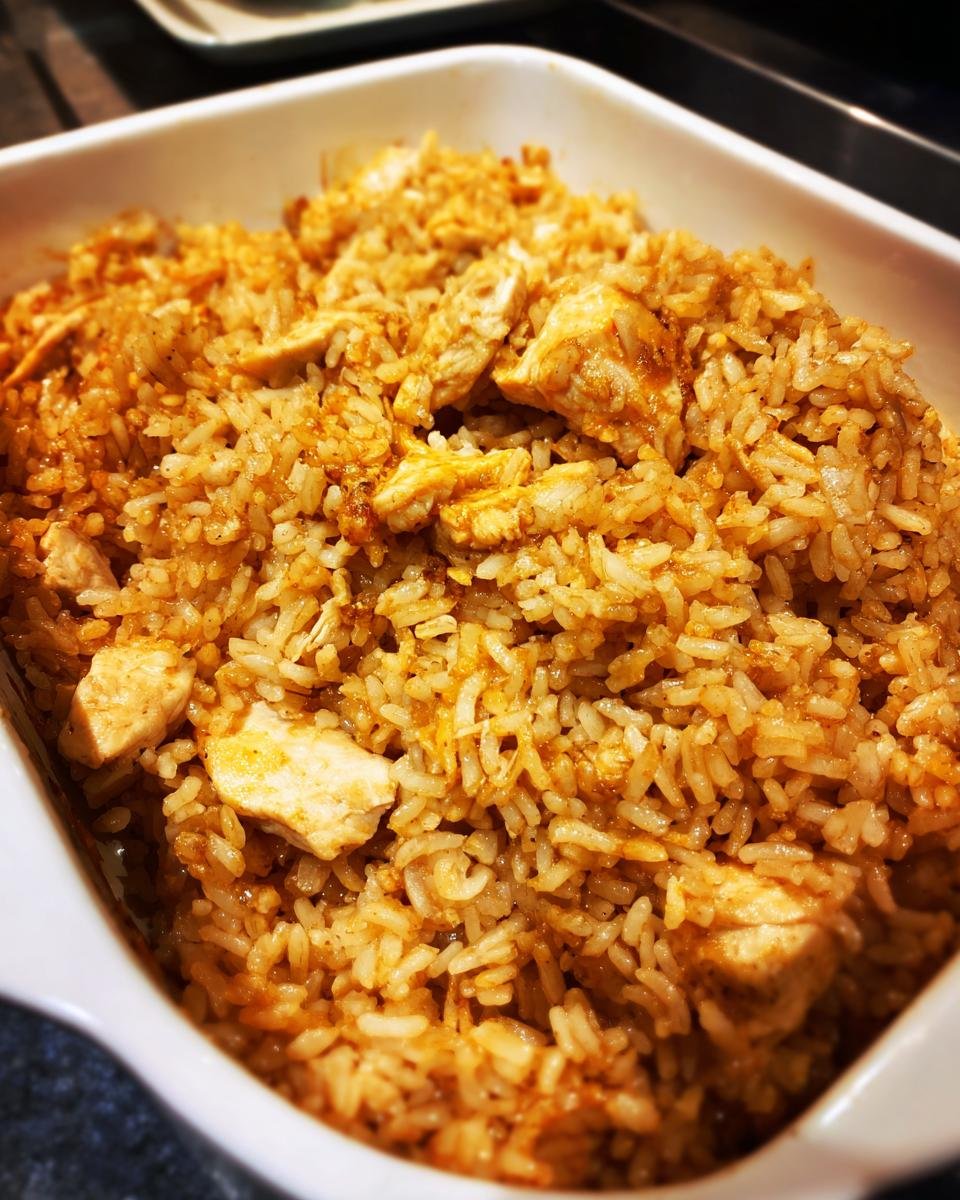 Nahaufnahme von Würziger Ofenreis mit Hähnchen, fertig gebacken in einer weißen Auflaufform.