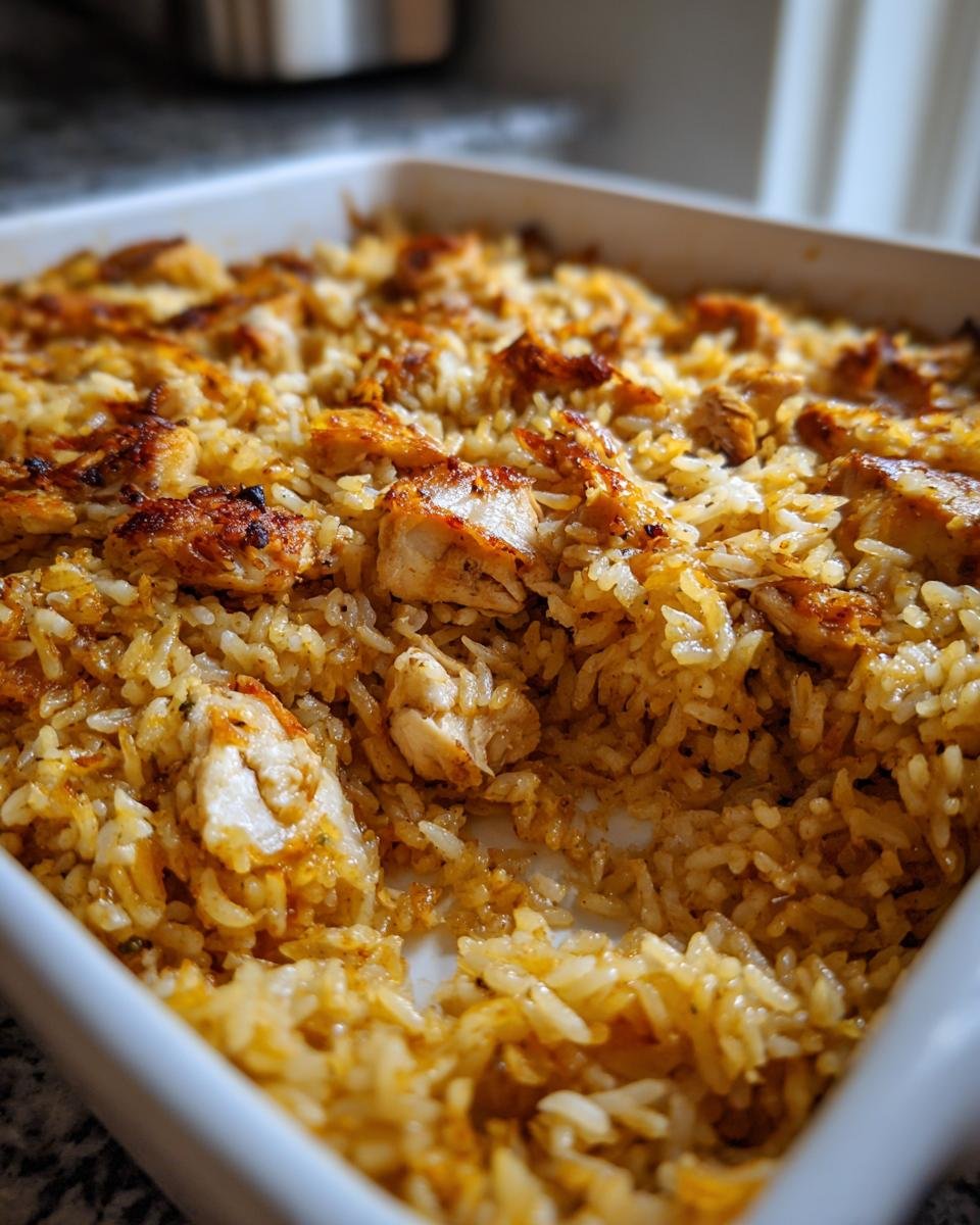 Nahaufnahme von würzigem Ofenreis mit Hähnchenstücken in einer weißen Auflaufform.