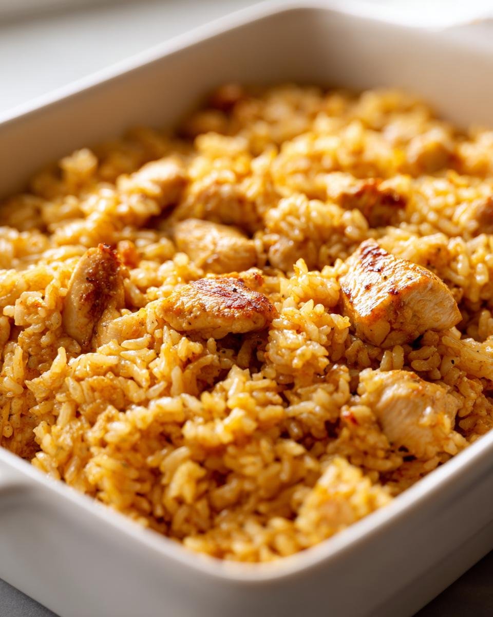 Nahaufnahme von würzigem Ofenreis mit Hähnchenstücken in einer weißen Auflaufform.