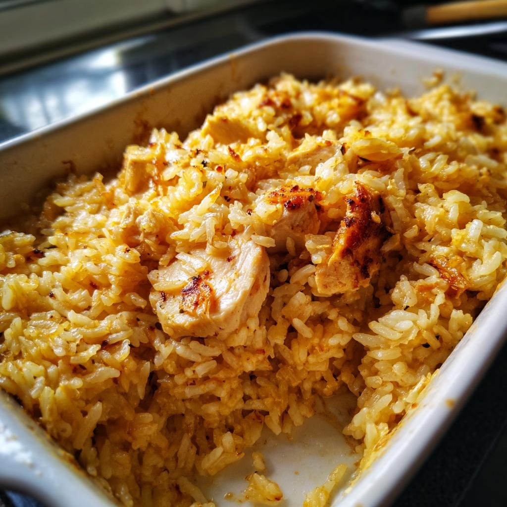 Nahaufnahme von würzigem Ofenreis mit Hähnchenstücken in einer weißen Auflaufform.
