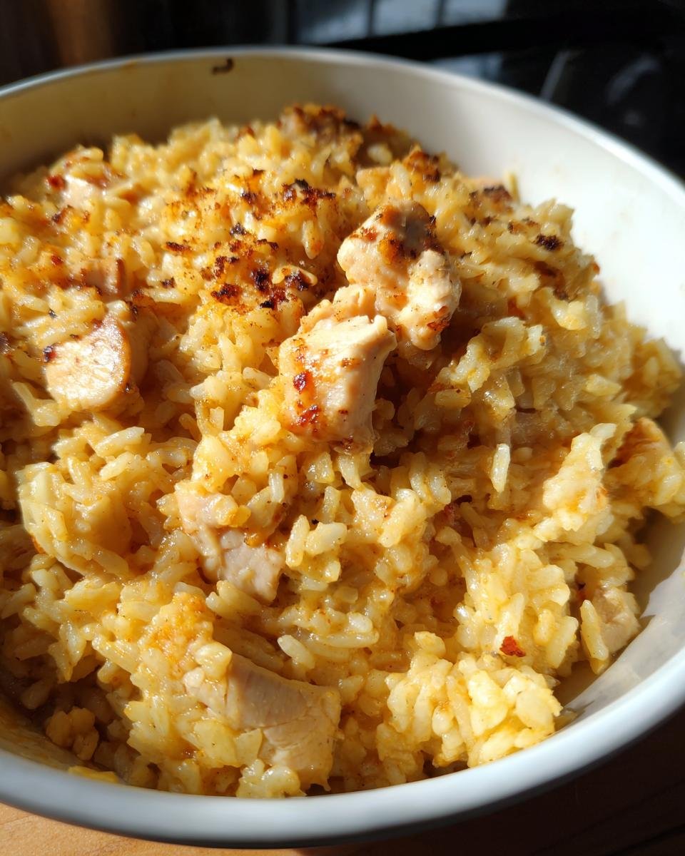 Nahaufnahme von Würziger Ofenreis mit Hähnchen, goldgelber Reis mit Hähnchenstücken in einer weißen Schüssel.