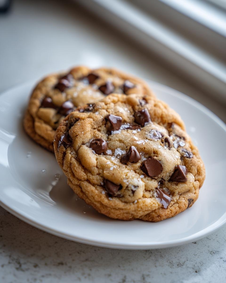 Nahaufnahme von zwei zähen subway cookies mit Schokoladenstückchen und grobem Meersalz auf einem weißen Teller.