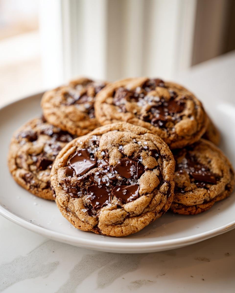 Nahaufnahme von mehreren zähen subway cookies mit geschmolzener Schokolade und Meersalzflocken.