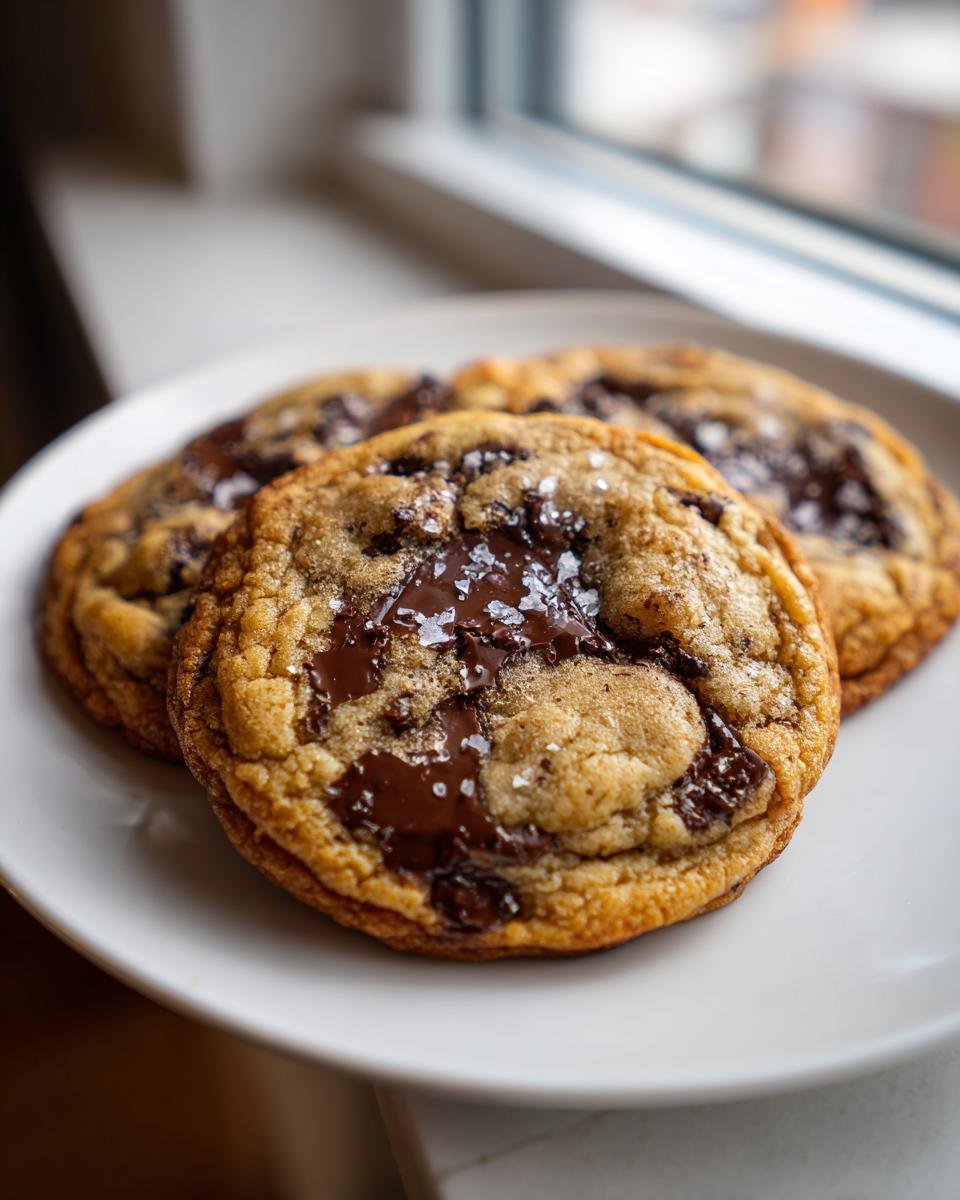 Nahaufnahme von drei zähen subway cookies mit geschmolzener Schokolade und Meersalz auf einem weißen Teller.