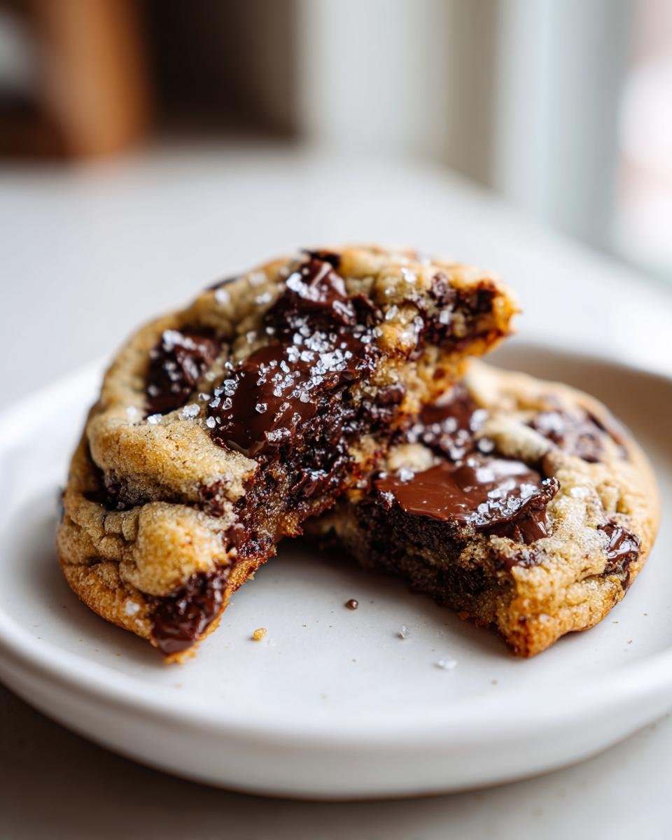 Aufgeschnittener, zäher subway cookie mit flüssiger Schokolade und Meersalzflocken auf einem Teller.
