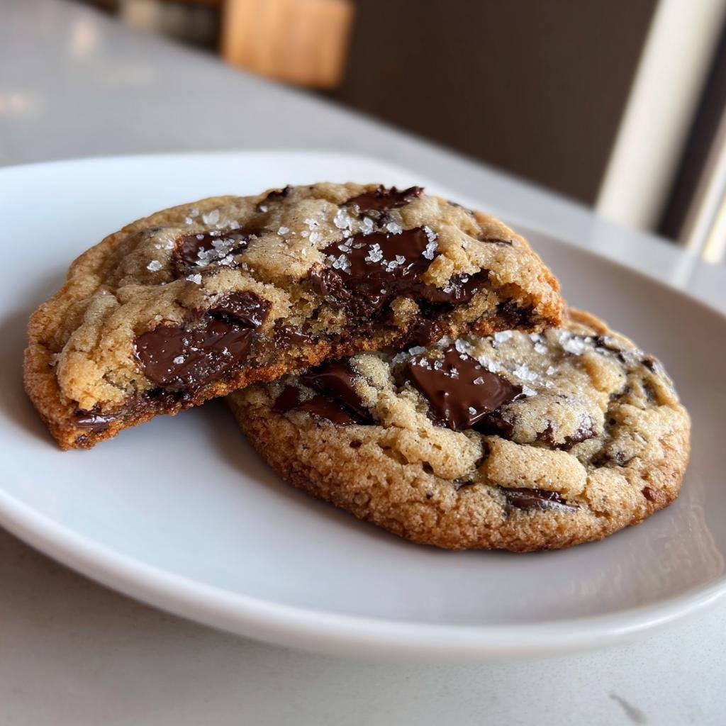 Nahaufnahme von zwei zähen subway cookies mit geschmolzener Schokolade und Meersalzflocken.