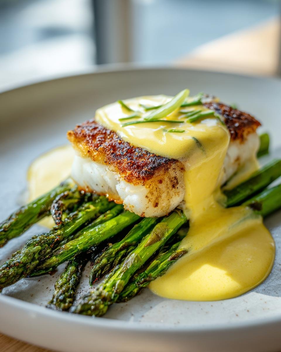 Gebratenes Zanderfilet auf grünem Spargelgemüse, bedeckt mit gelber Sauce Hollandaise und Schnittlauch.
