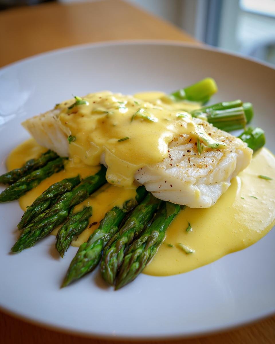 Gegrilltes Zanderfilet auf grünem Spargel, übergossen mit alkoholfreier Sauce Hollandaise.