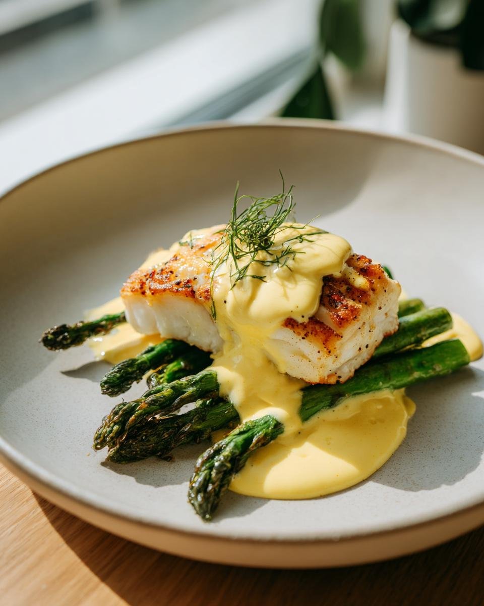 Gebratenes Zanderfilet auf grünem Spargelgemüse, bedeckt mit cremiger Sauce Hollandaise (alkoholfrei).