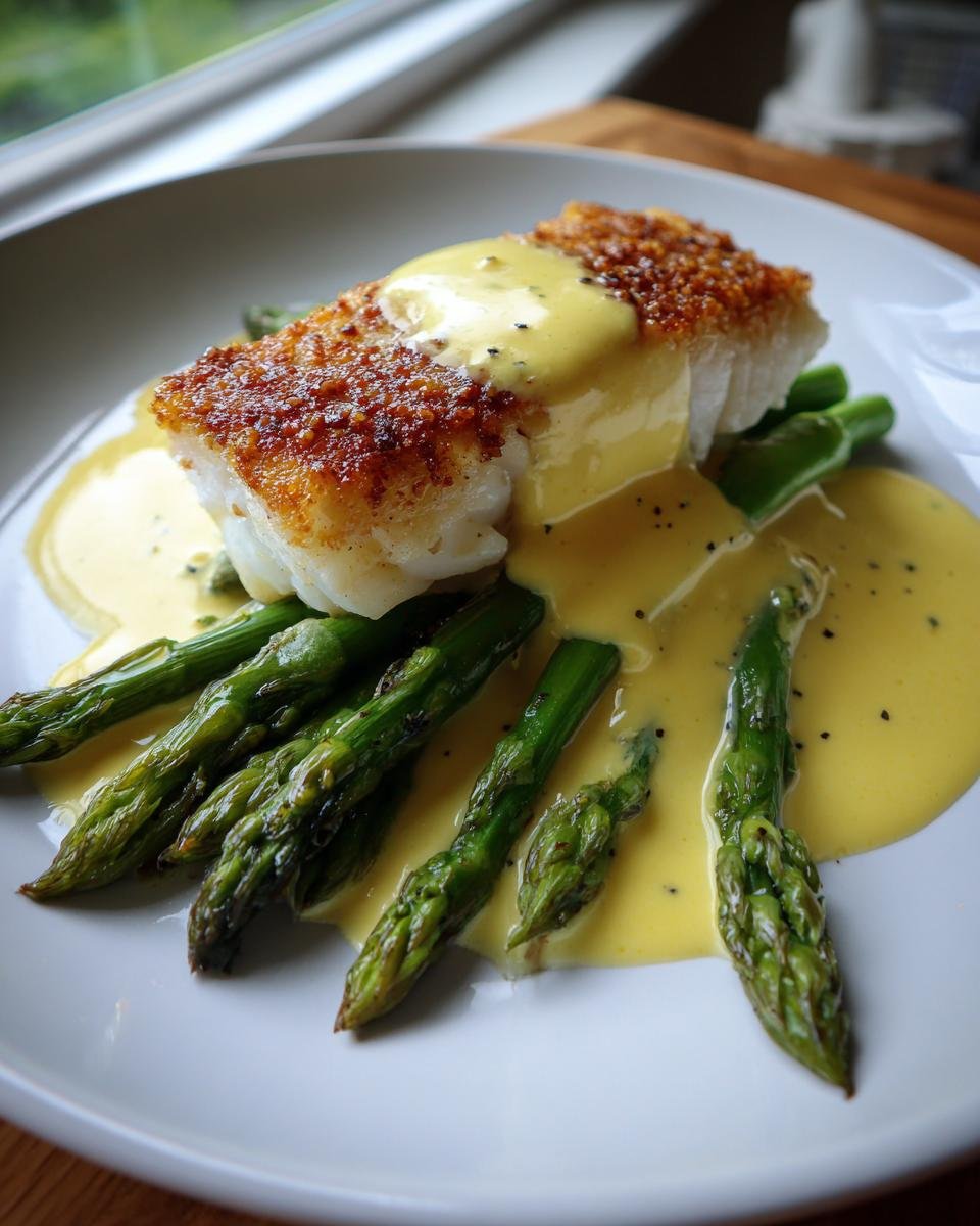 Gebratenes Zanderfilet auf grünem Spargelgemüse, bedeckt mit alkoholfreier Sauce Hollandaise.