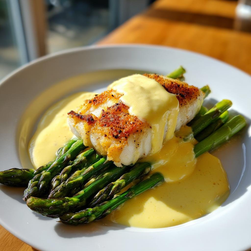Gebratenes Zanderfilet auf grünem Spargel, bedeckt mit alkoholfreier Sauce Hollandaise.