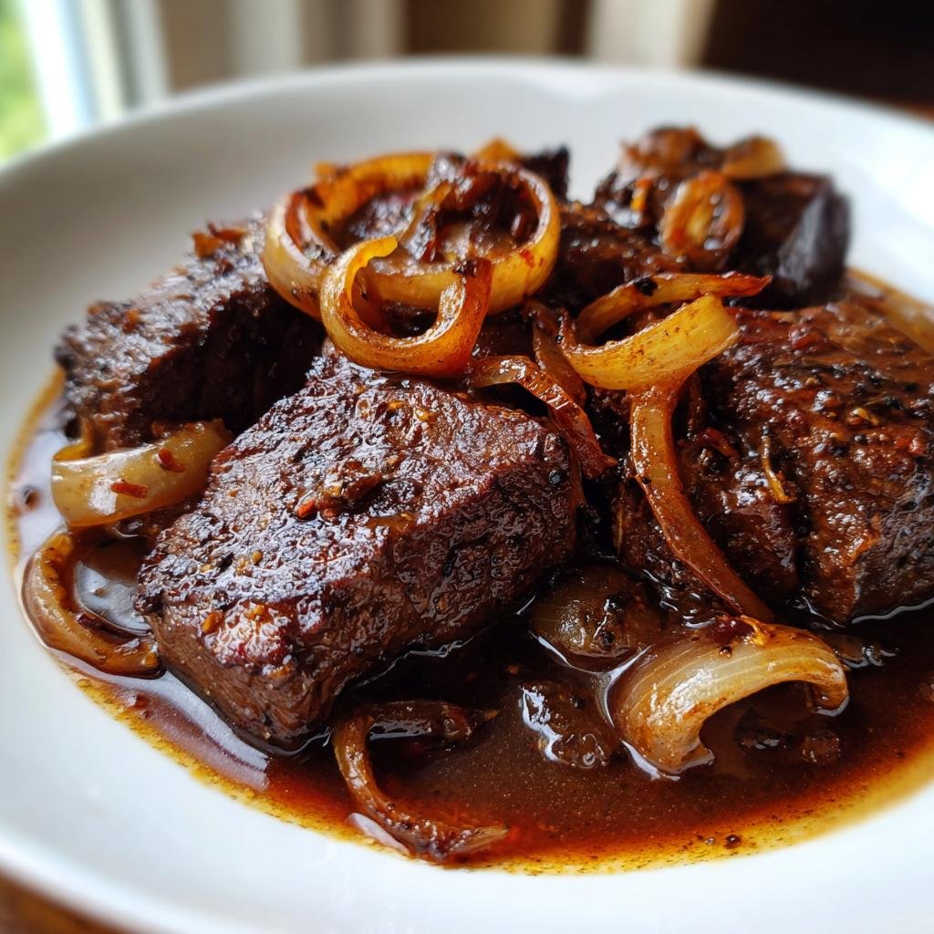 Nahaufnahme von Zartes Rindfleisch in aromatischer Balsamico-Zwiebel-Sauce mit karamellisierten Zwiebelringen.