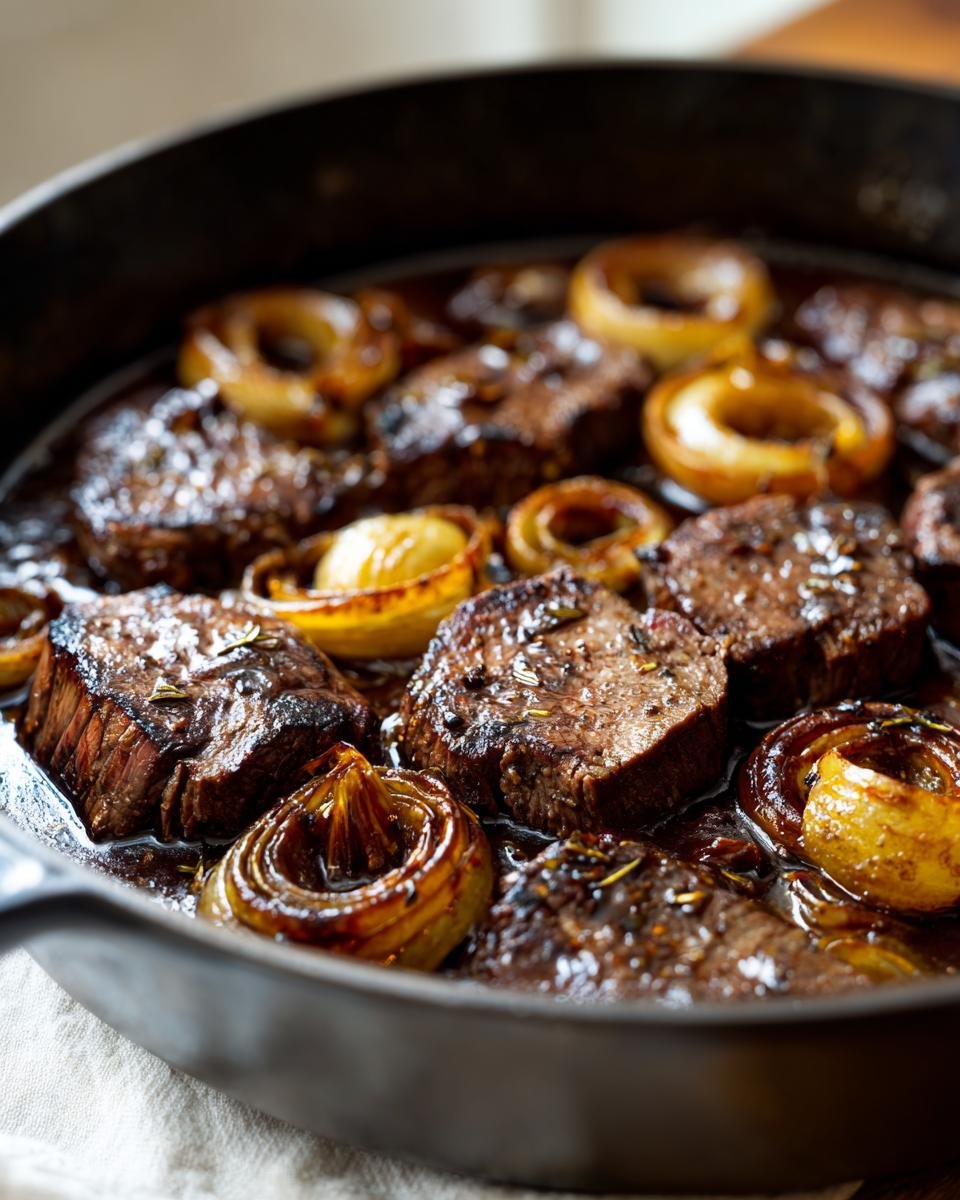Zartes Rindfleisch in aromatischer Balsamico-Zwiebel-Sauce genießen, serviert mit karamellisierten Zwiebelringen in einer gusseisernen Pfanne.