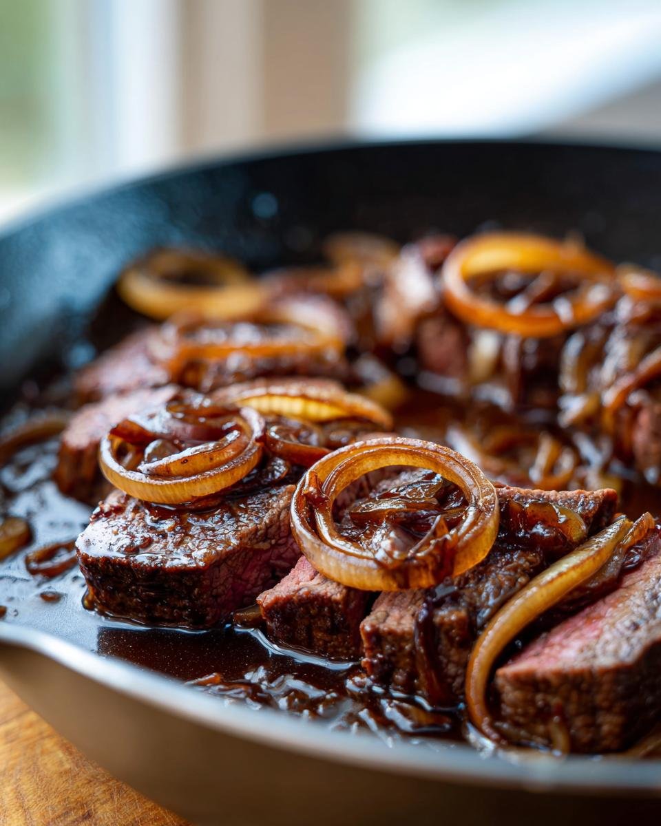 Zartes Rindfleisch in aromatischer Balsamico-Zwiebel-Sauce genießen, serviert mit karamellisierten Zwiebelringen in einer gusseisernen Pfanne.