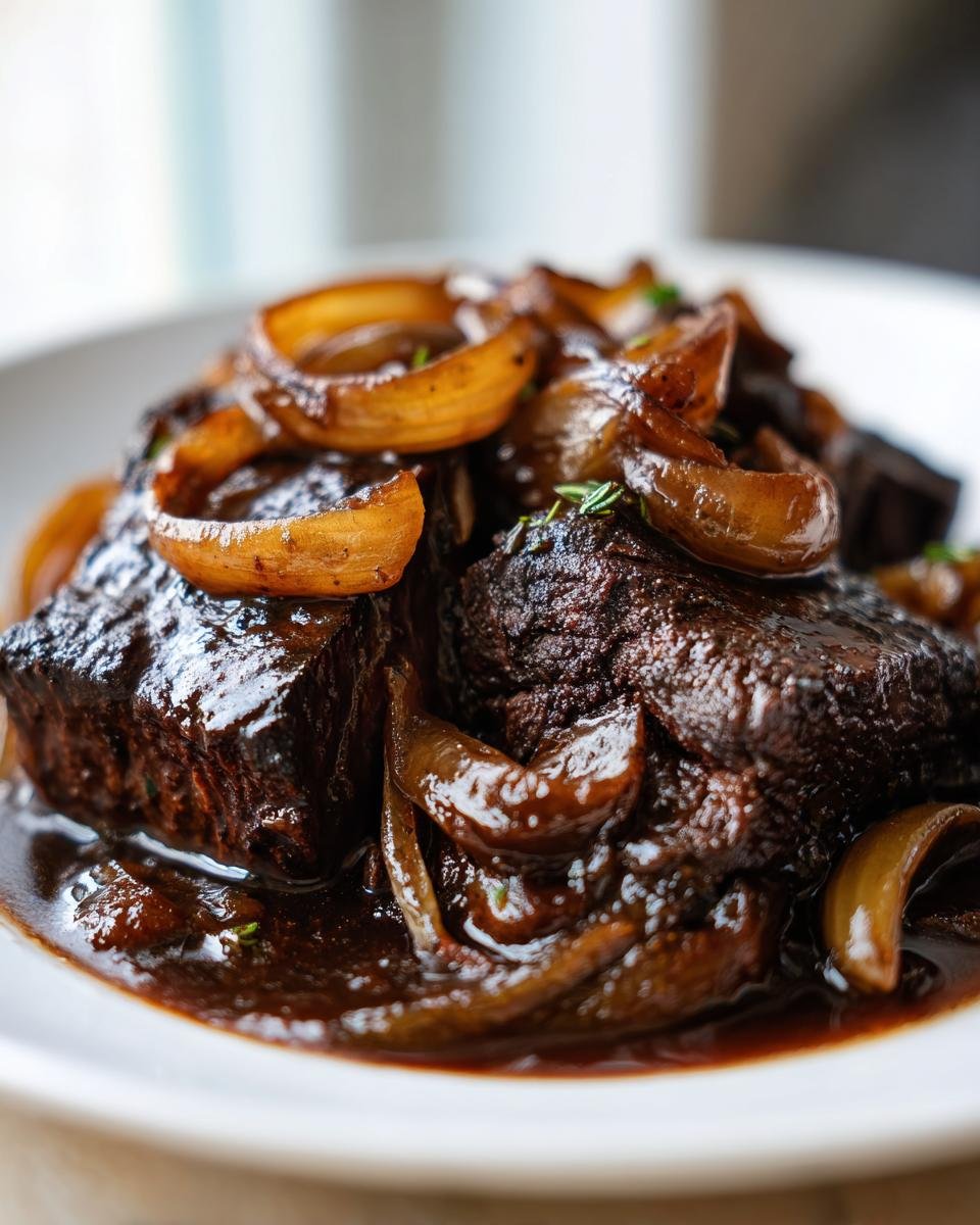 Nahaufnahme von zartem Rindfleisch in aromatischer Balsamico-Zwiebel-Sauce, serviert auf einem weißen Teller.