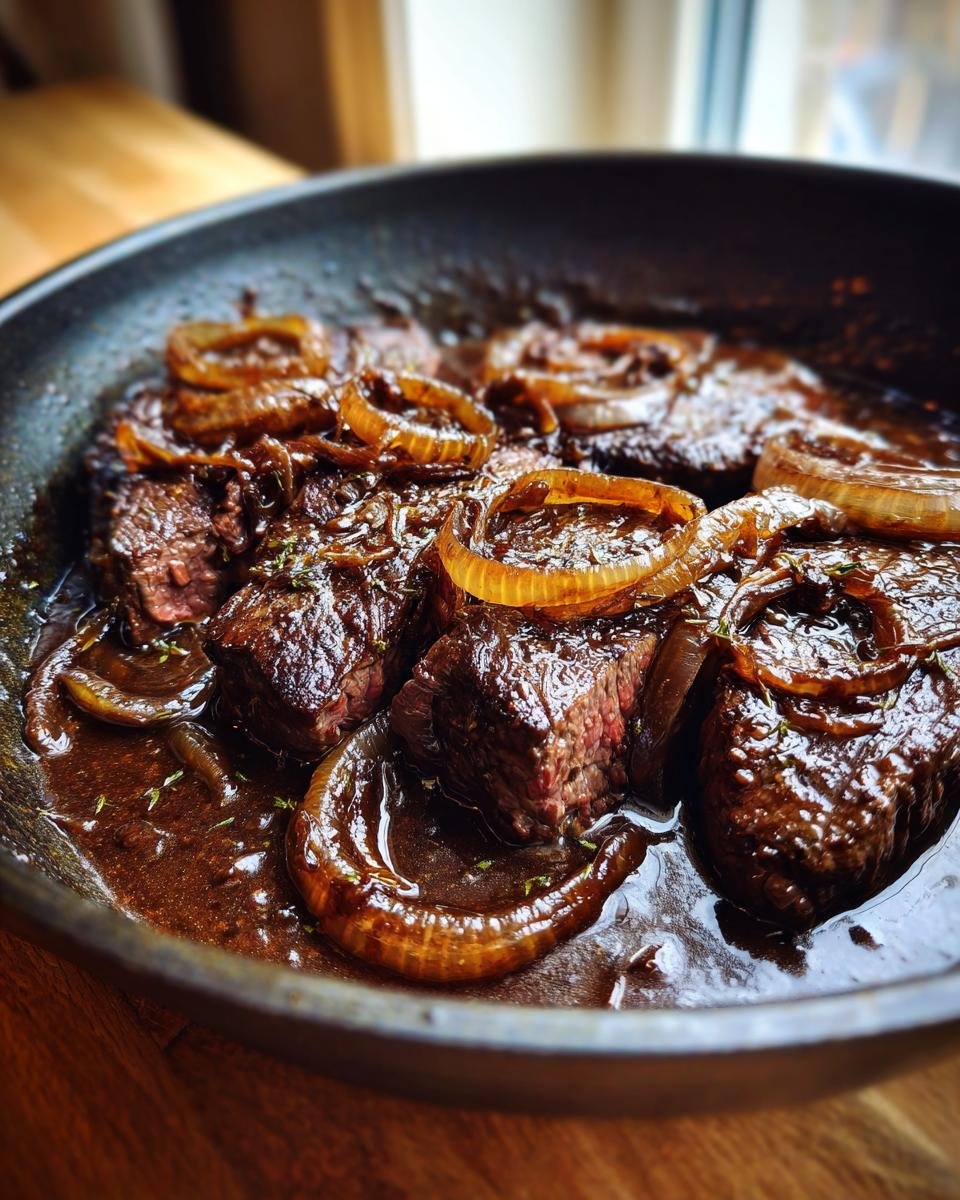 Zartes Rindfleisch in aromatischer Balsamico-Zwiebel-Sauce genießen, serviert in einer dunklen Pfanne mit karamellisierten Zwiebelringen.