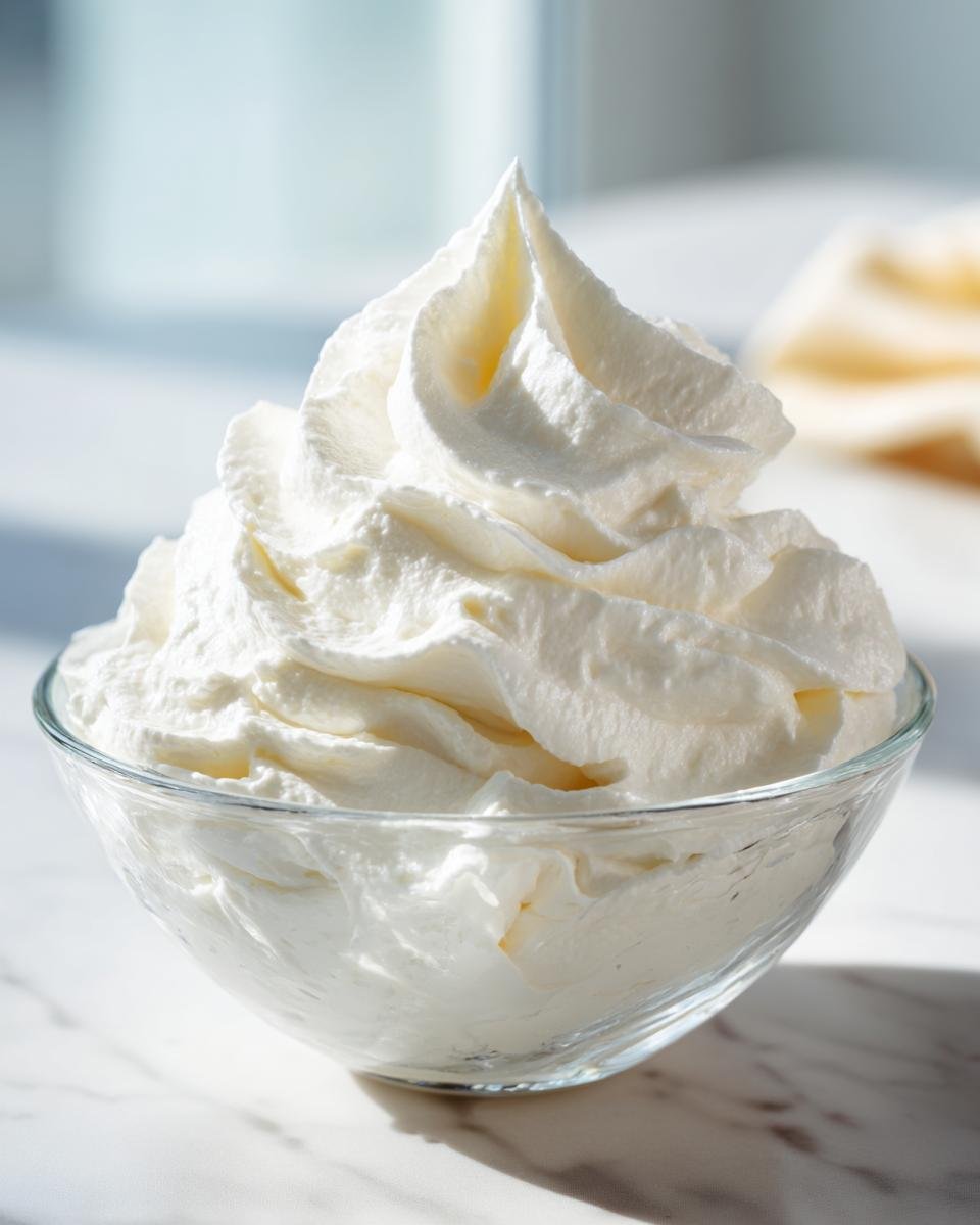 Ein hohes, perfekt aufgespritztes Topping aus weißer ZAUBERCREME in einer Glasschale.