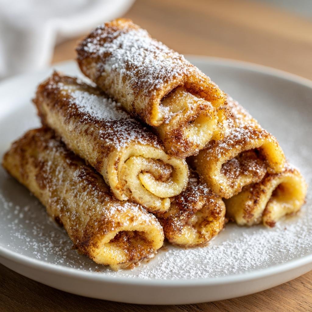 Stapel von Zimtrollen-Französischer Toast Roll Ups, bestäubt mit Puderzucker auf einem weißen Teller.
