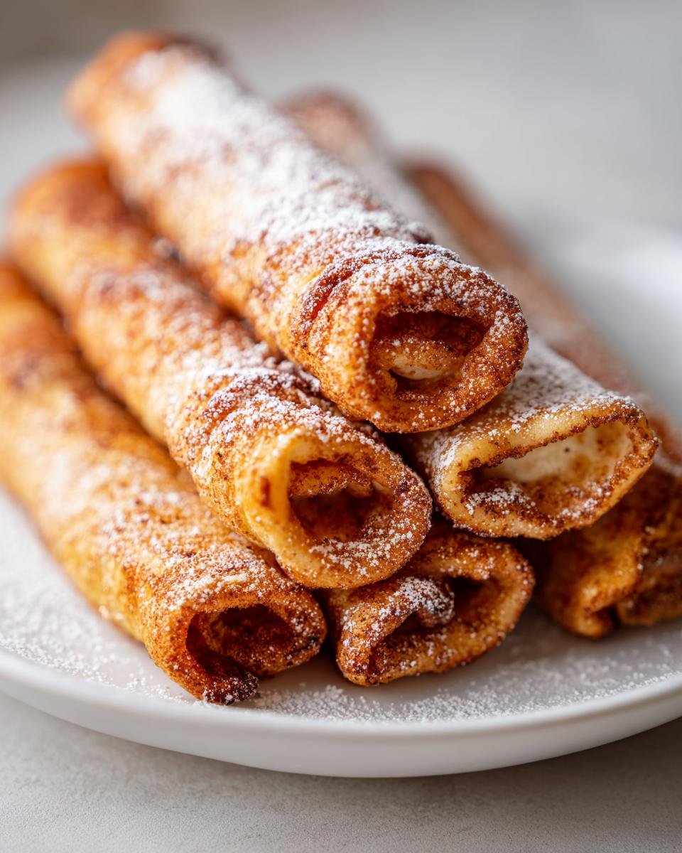Stapel von Zimtrollen-Französischer Toast Roll Ups, bestreut mit Puderzucker auf einem weißen Teller.
