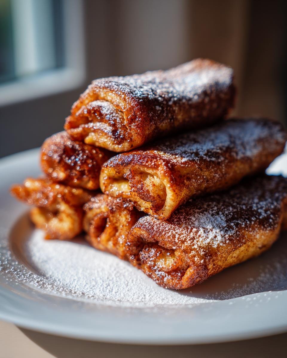 Stapel goldbrauner Zimtrollen-Französischer Toast Roll Ups, bestäubt mit Puderzucker auf einem weißen Teller.