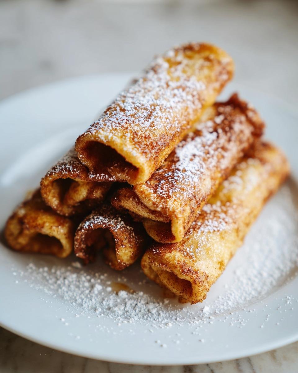 Stapel von Zimtrollen-Französischer Toast Roll Ups, bestäubt mit Puderzucker auf einem weißen Teller.