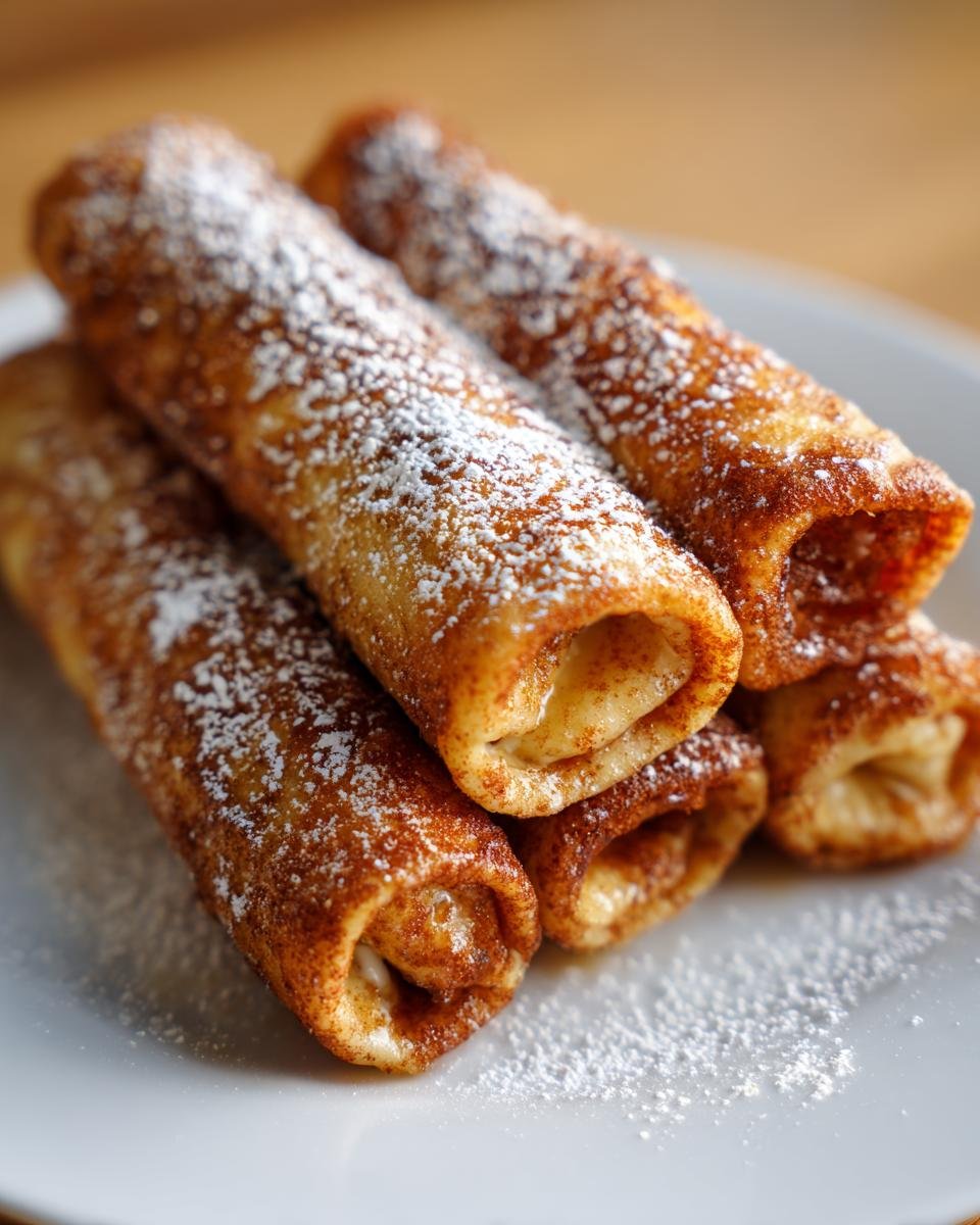 Nahaufnahme von gestapelten Zimtrollen-Französischer Toast Roll Ups, bestäubt mit Puderzucker auf einem weißen Teller.