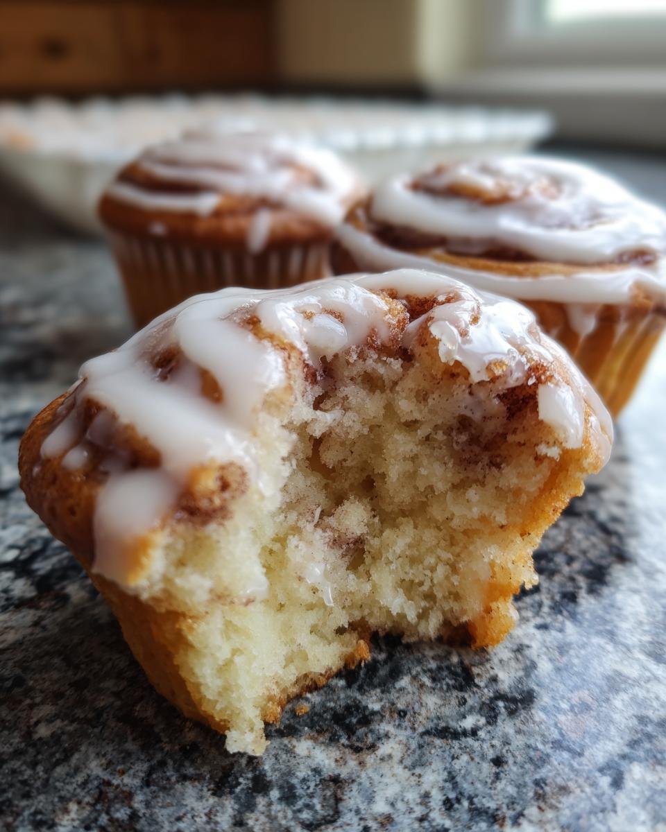 Nahaufnahme eines Zimtschnecken-Cupcakes mit einem Bissen heraus, bedeckt mit weißem Zuckerguss.