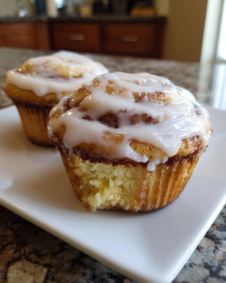 Nahaufnahme von zwei Zimtschnecken-Cupcakes mit reichlich weißem Zuckerguss auf einem weißen Teller.