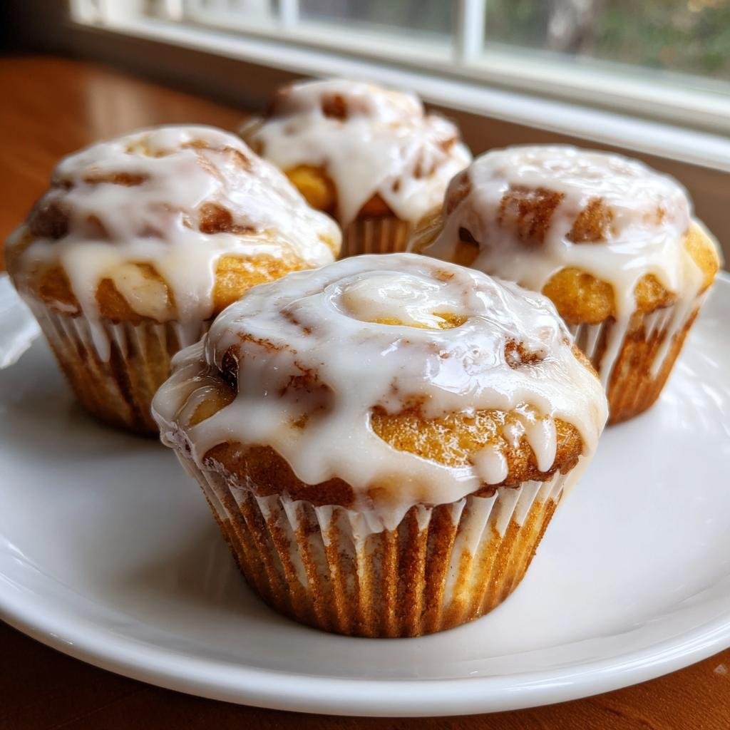 Vier saftige Zimtschnecken-Cupcakes mit reichlich weißem Zuckerguss auf einem weißen Teller.