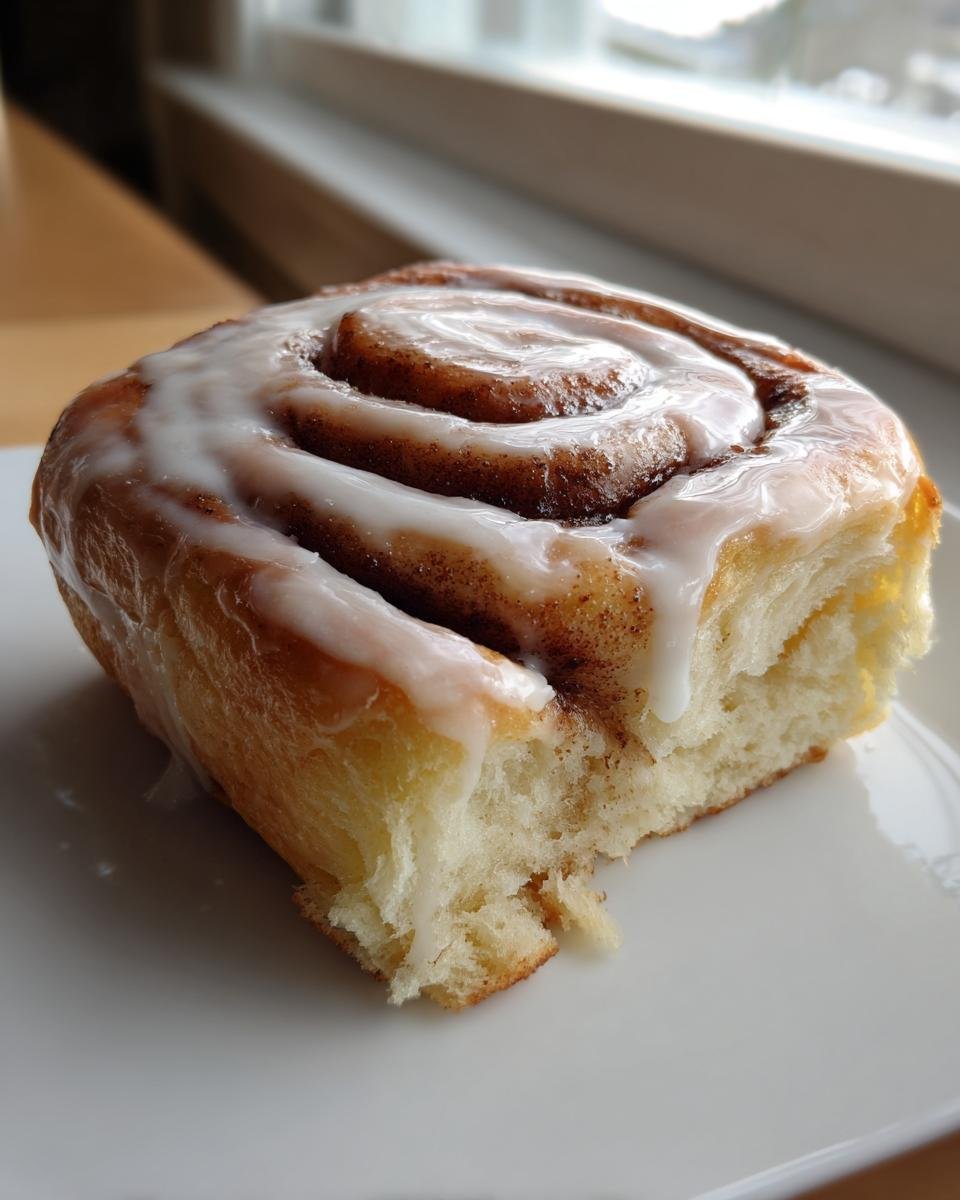 Nahaufnahme einer saftigen Zimtschnecke mit reichlich weißem Zuckerguss, die auf einem weißen Teller liegt.