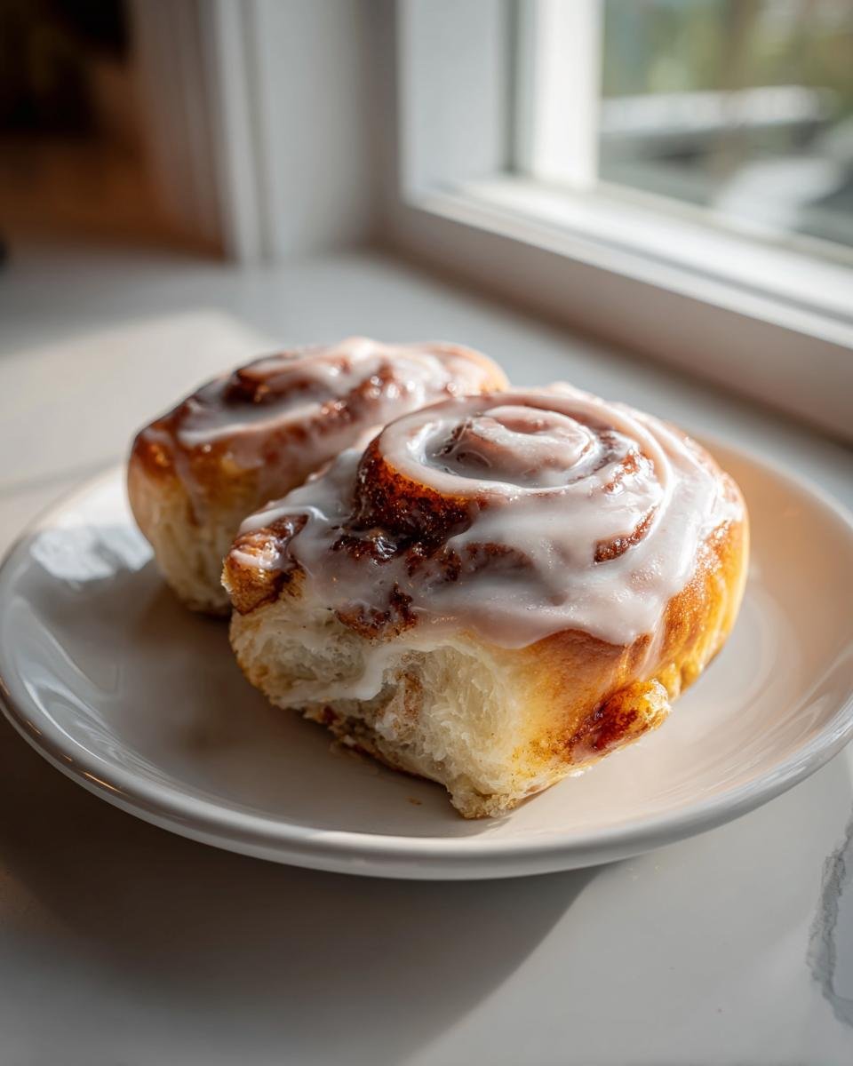 Zwei fluffige Zimtschnecken mit reichlich weißem Zuckerguss auf einem weißen Teller, beleuchtet vom Fensterlicht.