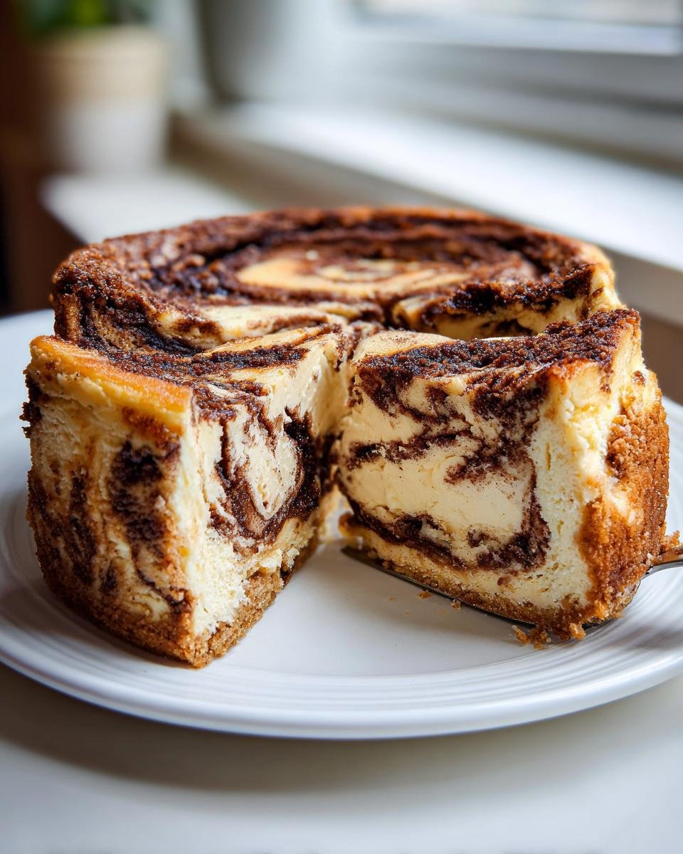 Ein angeschnittenes Stück Zimtschnecken trifft Käsekuchen mit deutlicher Marmorierung auf einem weißen Teller.