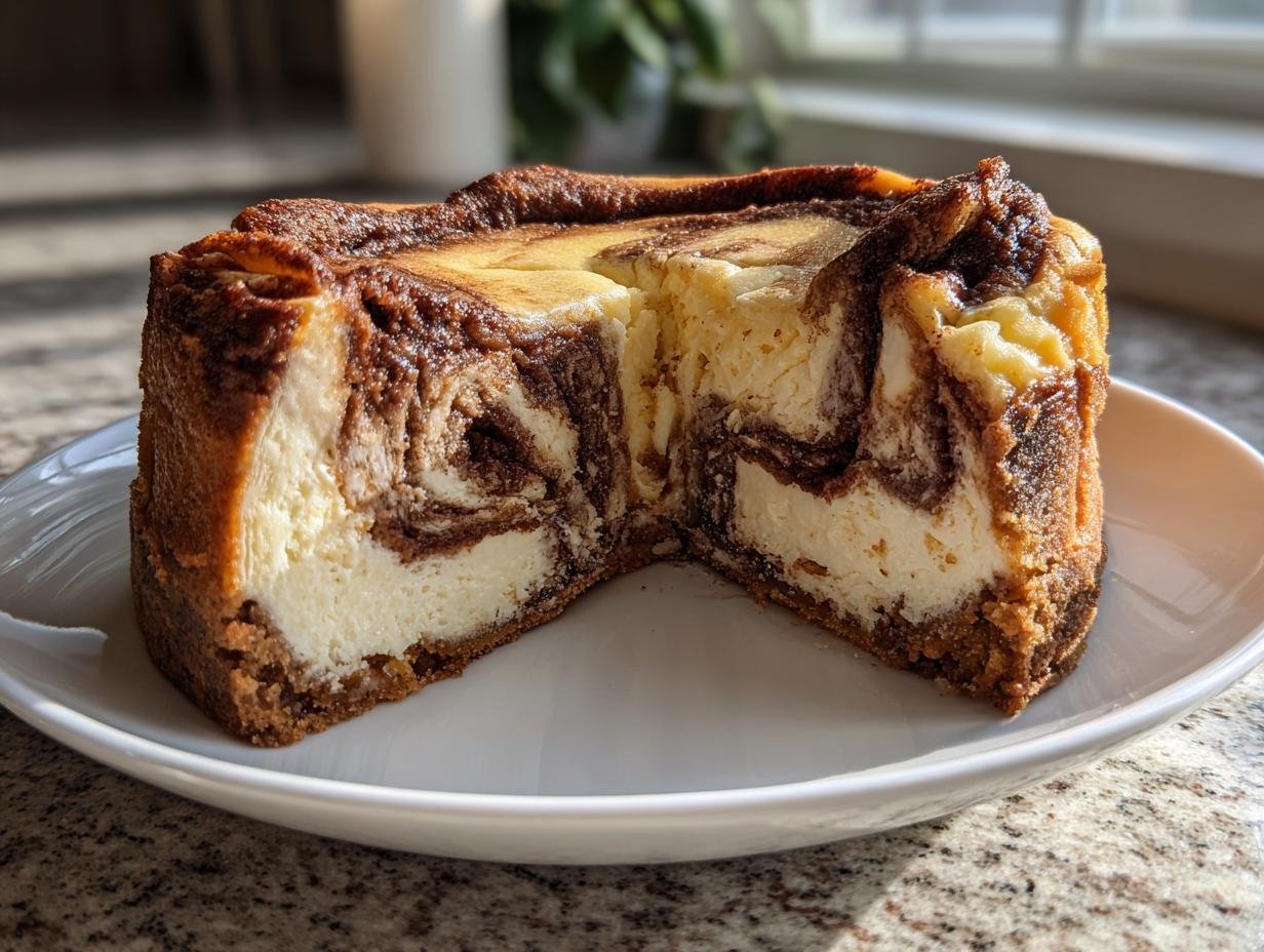 Angeschnittener Marmorkuchen, der die cremige Textur des Zimtschnecken trifft Käsekuchen zeigt.